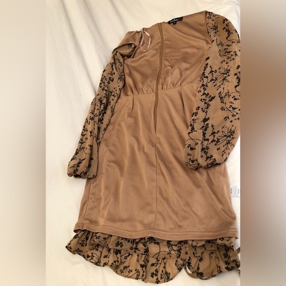 Lulus One True Love Taupe Floral Print Ruched Long Sleeve Mini Dress Small - Picture 8 of 16